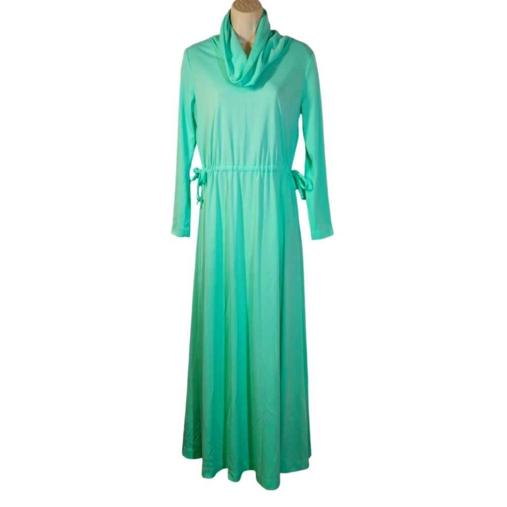 Vintage 70s Dress Disco Mod Long Sleeve Empire Waist Maxi Flowy Mint Green‎ L